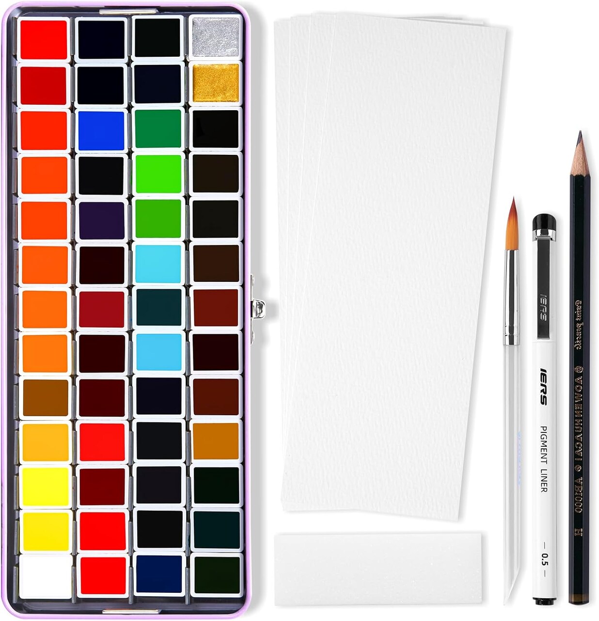 Watercolor Paint Set 52 Colors in Half Pans with Drawing Pencil, Paint Brushes, 5 Watercolor Paper, Sponge, Black Drawing Pens, Art Supplies for Adults Travel Watercolor & Purple Box